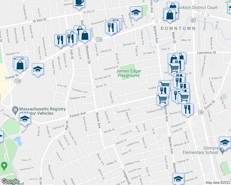 map of restaurants, bars, coffee shops, grocery stores, and more near 15 Agnew Avenue in Brockton