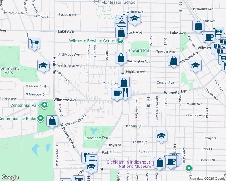 map of restaurants, bars, coffee shops, grocery stores, and more near 1935 Central Avenue in Wilmette