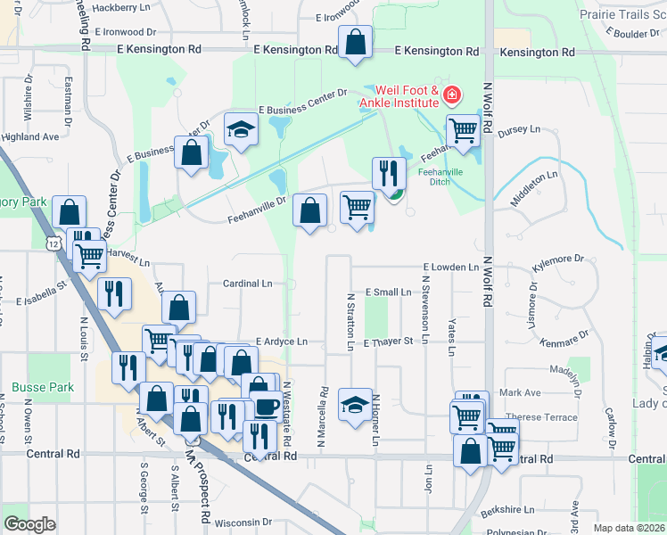 map of restaurants, bars, coffee shops, grocery stores, and more near 1002 Gregory Lane in Mount Prospect