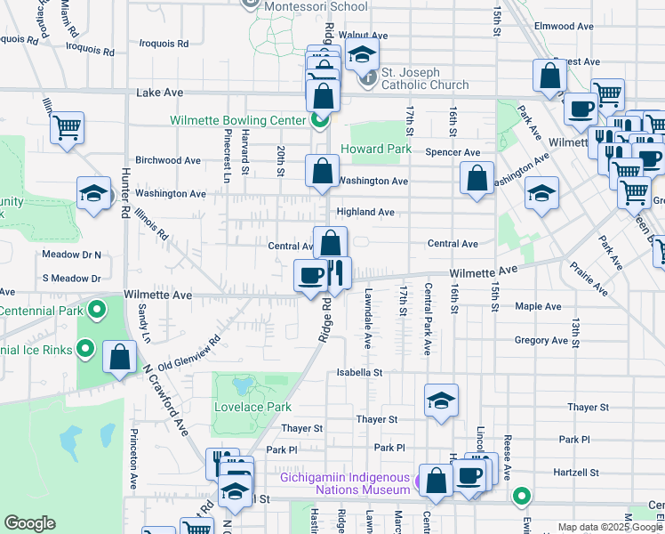 map of restaurants, bars, coffee shops, grocery stores, and more near 1907 Central Avenue in Wilmette