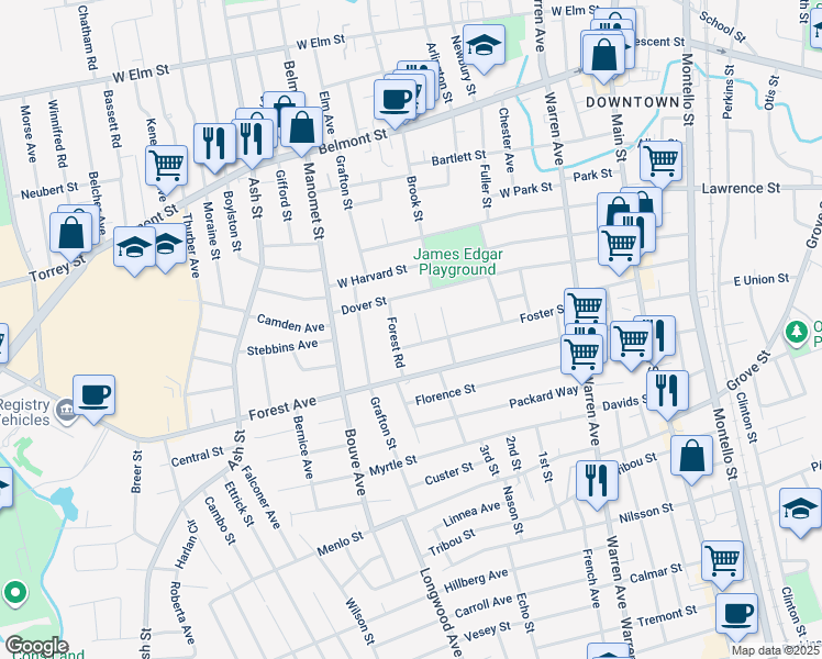 map of restaurants, bars, coffee shops, grocery stores, and more near 15 Agnew Avenue in Brockton