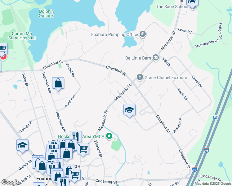 map of restaurants, bars, coffee shops, grocery stores, and more near 8 Margaret Road in Foxborough