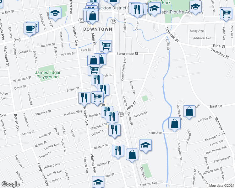 map of restaurants, bars, coffee shops, grocery stores, and more near 630 Montello Street in Brockton