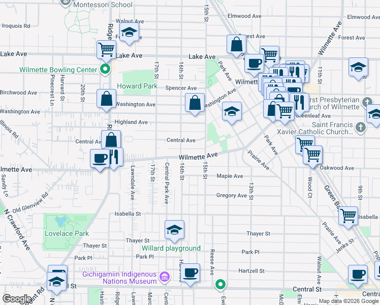 map of restaurants, bars, coffee shops, grocery stores, and more near 1519 Central Avenue in Wilmette