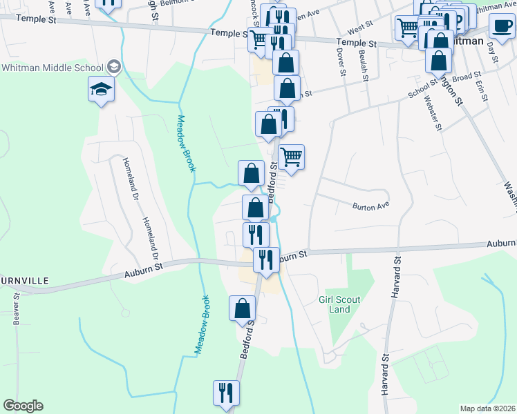 map of restaurants, bars, coffee shops, grocery stores, and more near 430 Bedford Street in Whitman