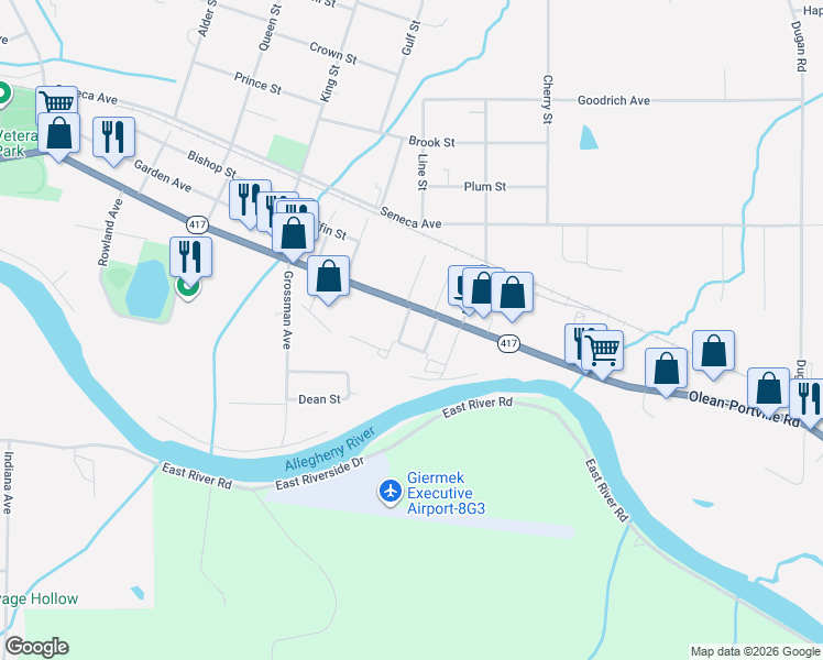 map of restaurants, bars, coffee shops, grocery stores, and more near 1160 East State Street in Olean