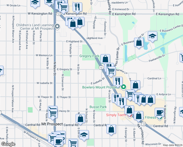 map of restaurants, bars, coffee shops, grocery stores, and more near 318 North Owen Street in Mount Prospect