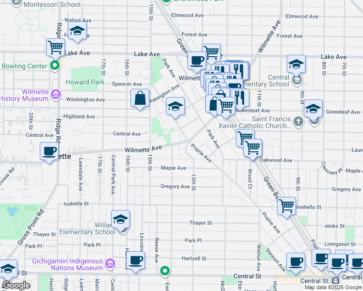 map of restaurants, bars, coffee shops, grocery stores, and more near 351 Oak Circle in Wilmette