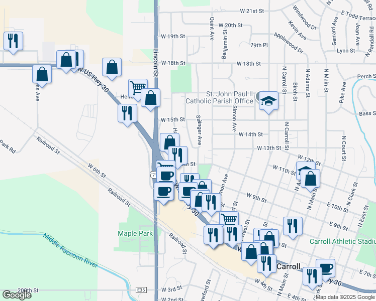 map of restaurants, bars, coffee shops, grocery stores, and more near 1312 Harriet Avenue in Carroll
