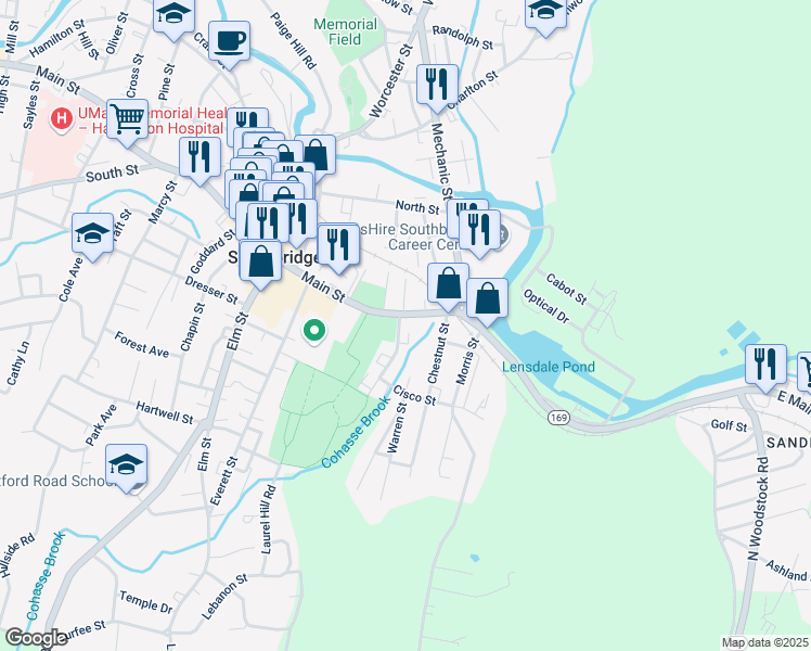 map of restaurants, bars, coffee shops, grocery stores, and more near 7 Coombs Street in Southbridge