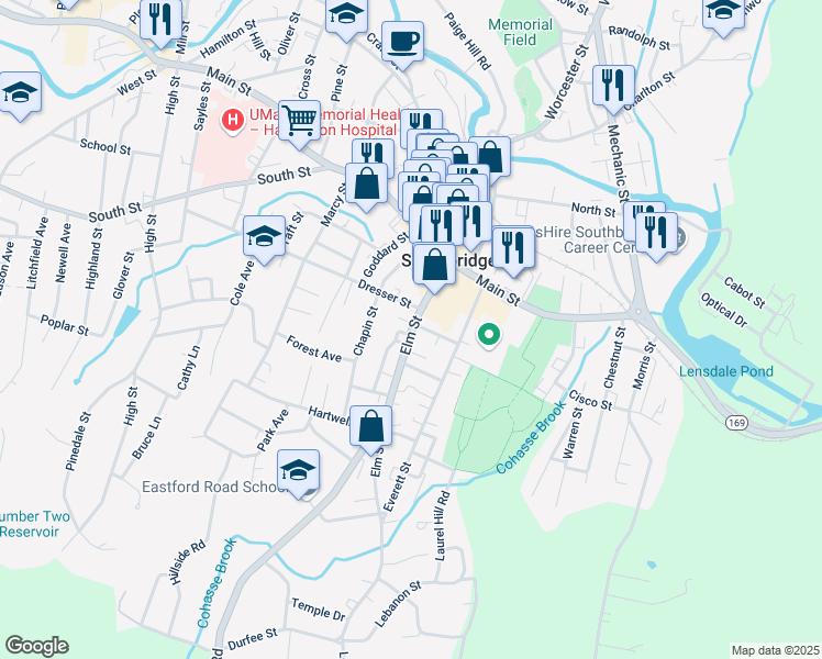 map of restaurants, bars, coffee shops, grocery stores, and more near 79 Elm Street in Southbridge