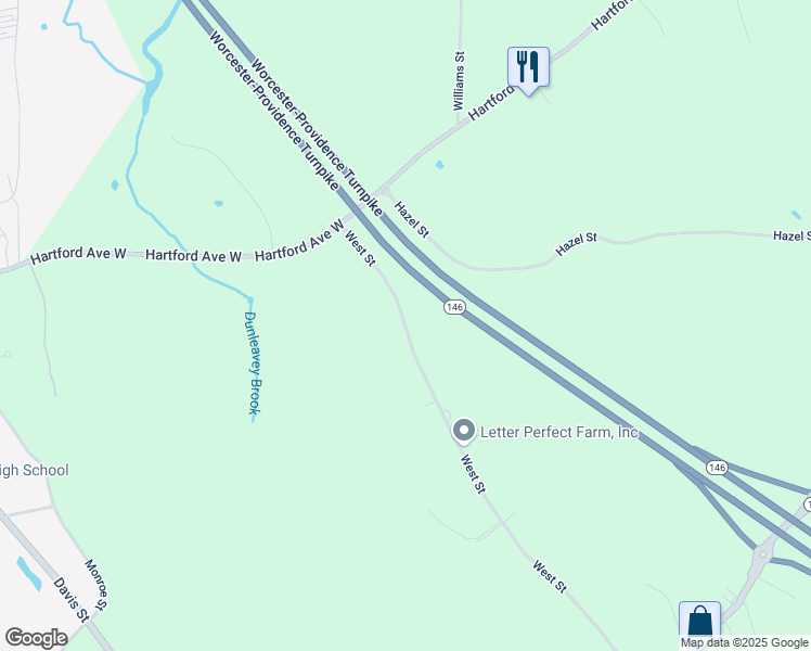 map of restaurants, bars, coffee shops, grocery stores, and more near Uxbridge Street in Uxbridge