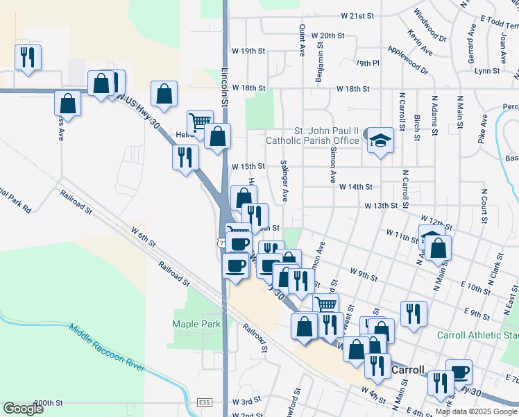 map of restaurants, bars, coffee shops, grocery stores, and more near 1312 Harriet Avenue in Carroll