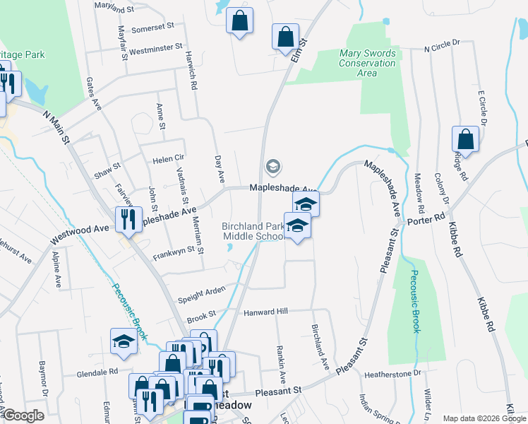 map of restaurants, bars, coffee shops, grocery stores, and more near 159 Elm Street in East Longmeadow