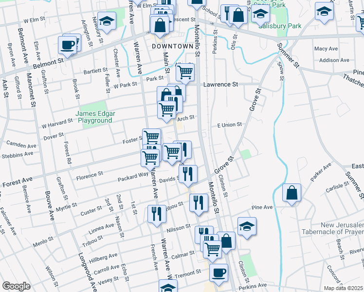 map of restaurants, bars, coffee shops, grocery stores, and more near 7 Forest Avenue in Brockton