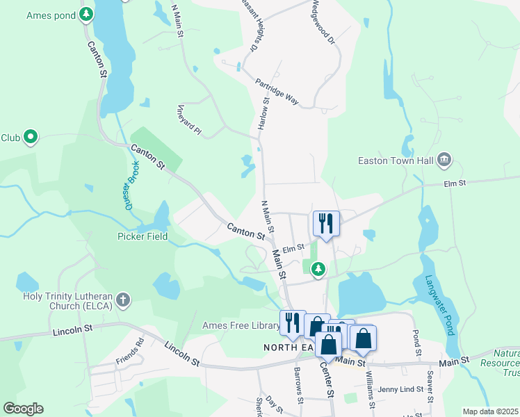map of restaurants, bars, coffee shops, grocery stores, and more near 26 North Main Street in Easton