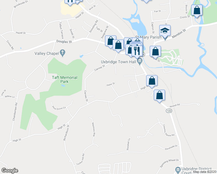 map of restaurants, bars, coffee shops, grocery stores, and more near 6 Peter Street in Uxbridge