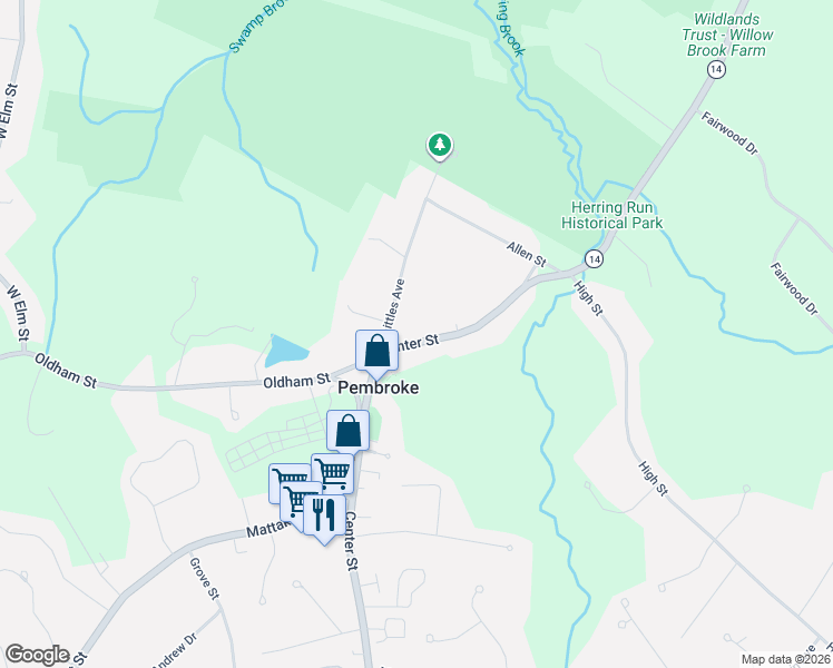 map of restaurants, bars, coffee shops, grocery stores, and more near 75 Center Street in Pembroke