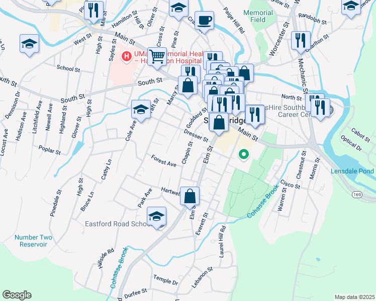 map of restaurants, bars, coffee shops, grocery stores, and more near Chapin Street in Southbridge