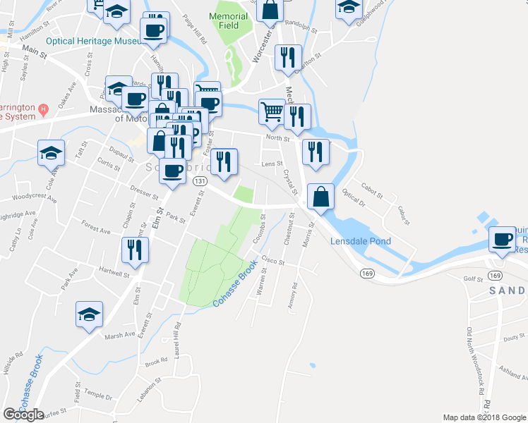 map of restaurants, bars, coffee shops, grocery stores, and more near 11 Coombs Street in Southbridge