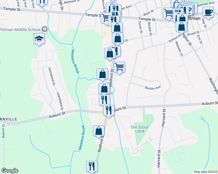 map of restaurants, bars, coffee shops, grocery stores, and more near 421 Bedford Street in Whitman