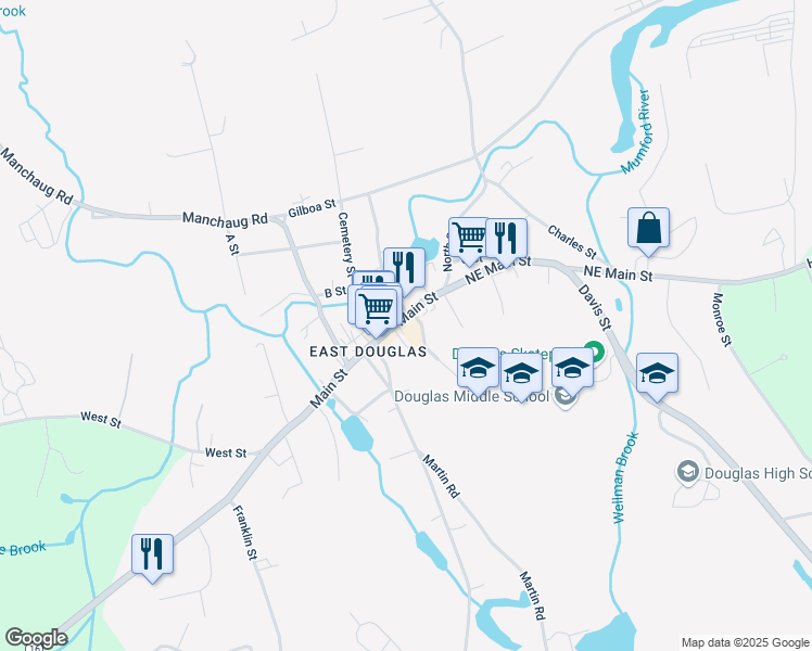 map of restaurants, bars, coffee shops, grocery stores, and more near 328 Main Street in Douglas