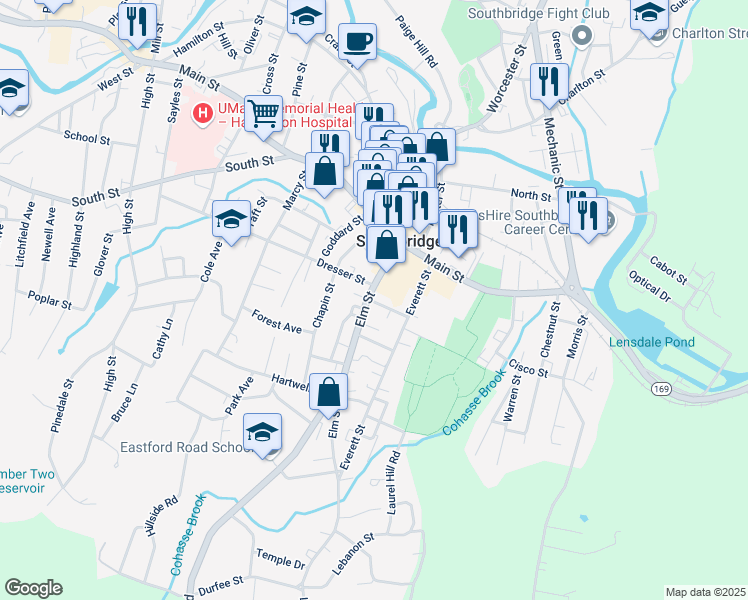 map of restaurants, bars, coffee shops, grocery stores, and more near 41 Elm Street in Southbridge