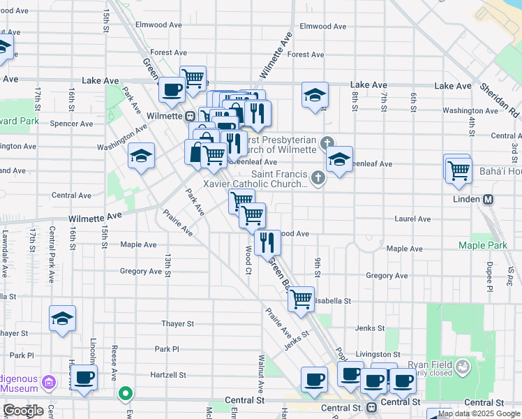 map of restaurants, bars, coffee shops, grocery stores, and more near 1041 Linden Avenue in Wilmette