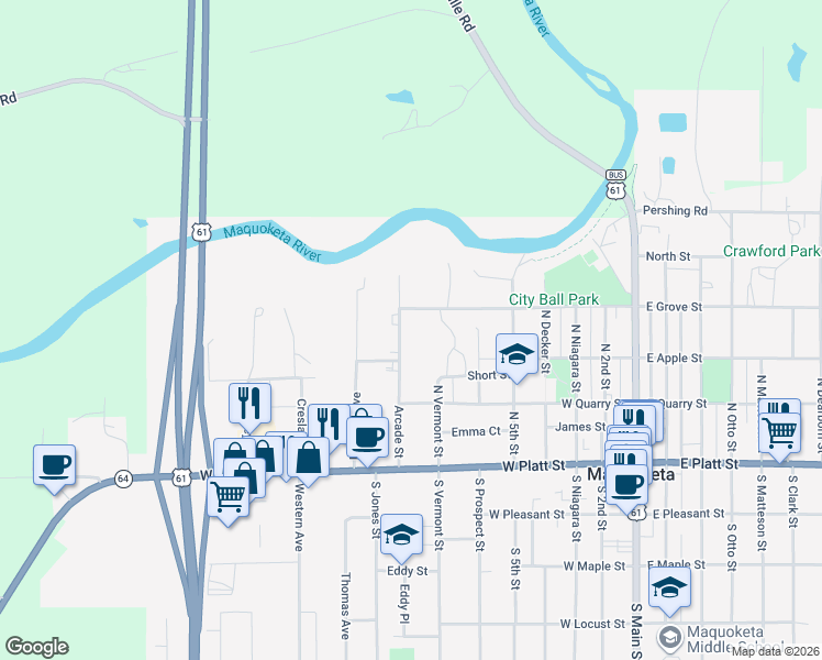 map of restaurants, bars, coffee shops, grocery stores, and more near 402 Arcade Street in Maquoketa