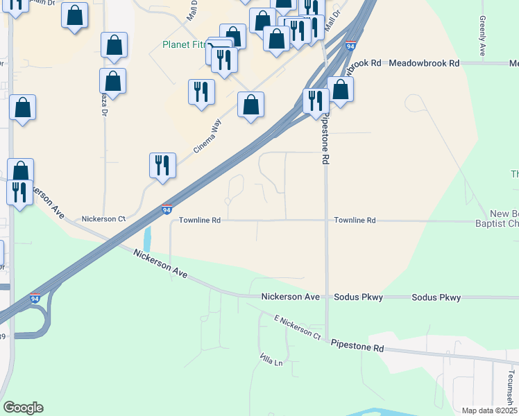 map of restaurants, bars, coffee shops, grocery stores, and more near 1525 Townline Road in Benton Harbor