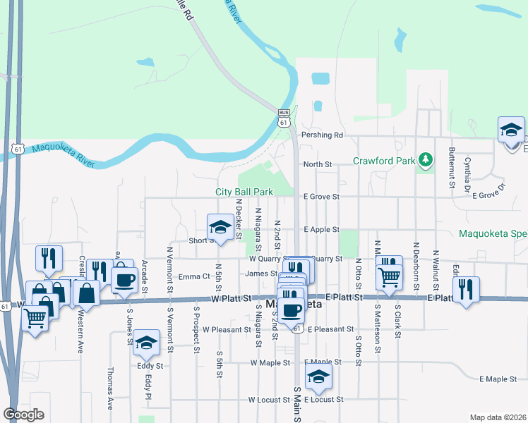 map of restaurants, bars, coffee shops, grocery stores, and more near 401-499 North Niagara Street in Maquoketa