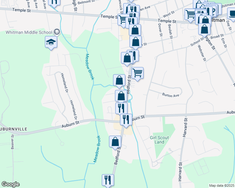 map of restaurants, bars, coffee shops, grocery stores, and more near 430 Bedford Street in Whitman