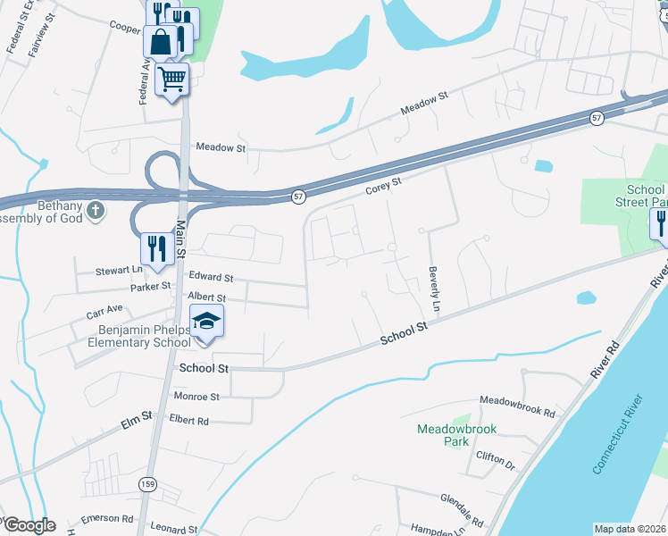 map of restaurants, bars, coffee shops, grocery stores, and more near 2 Corey Colonial in Agawam