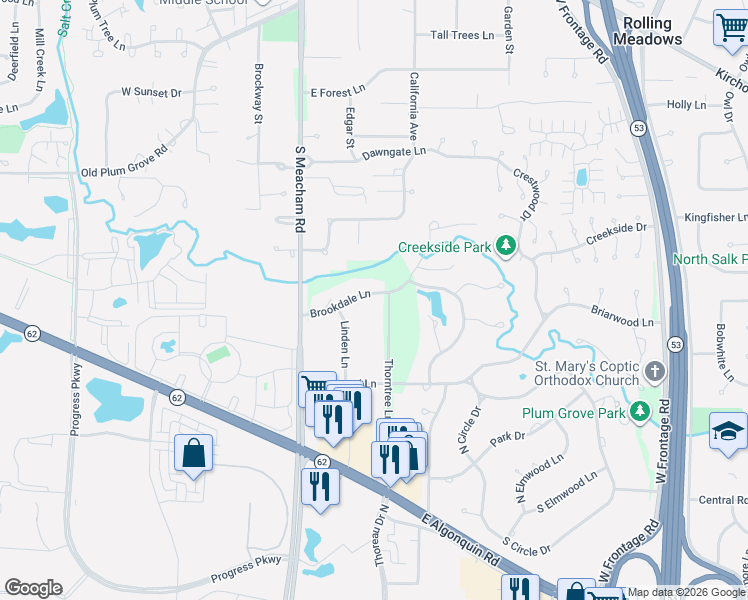 map of restaurants, bars, coffee shops, grocery stores, and more near 60 Brookdale Lane in Palatine