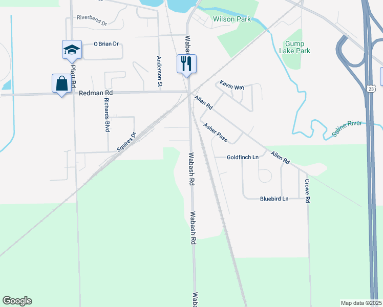map of restaurants, bars, coffee shops, grocery stores, and more near 13870 Wabash Road in Milan