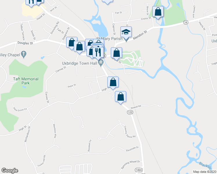 map of restaurants, bars, coffee shops, grocery stores, and more near 7 High Street in Uxbridge