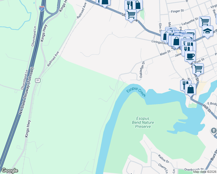 map of restaurants, bars, coffee shops, grocery stores, and more near 36 Finger Hill Road in Saugerties
