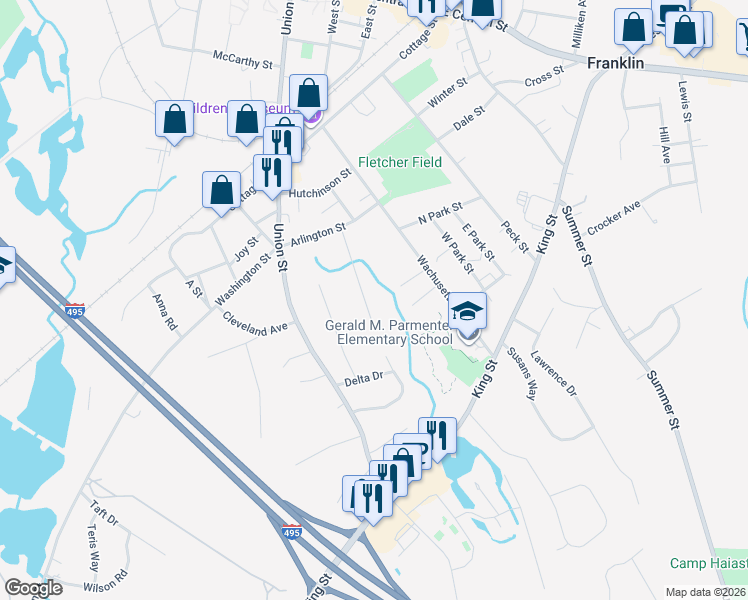 map of restaurants, bars, coffee shops, grocery stores, and more near 21 James Street in Franklin