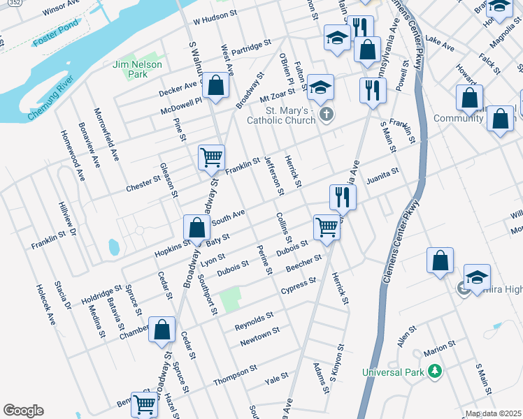 map of restaurants, bars, coffee shops, grocery stores, and more near 476 South Avenue in Elmira
