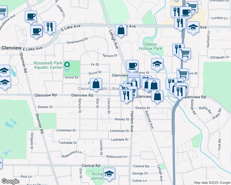 map of restaurants, bars, coffee shops, grocery stores, and more near 1966 Prairie Street in Glenview