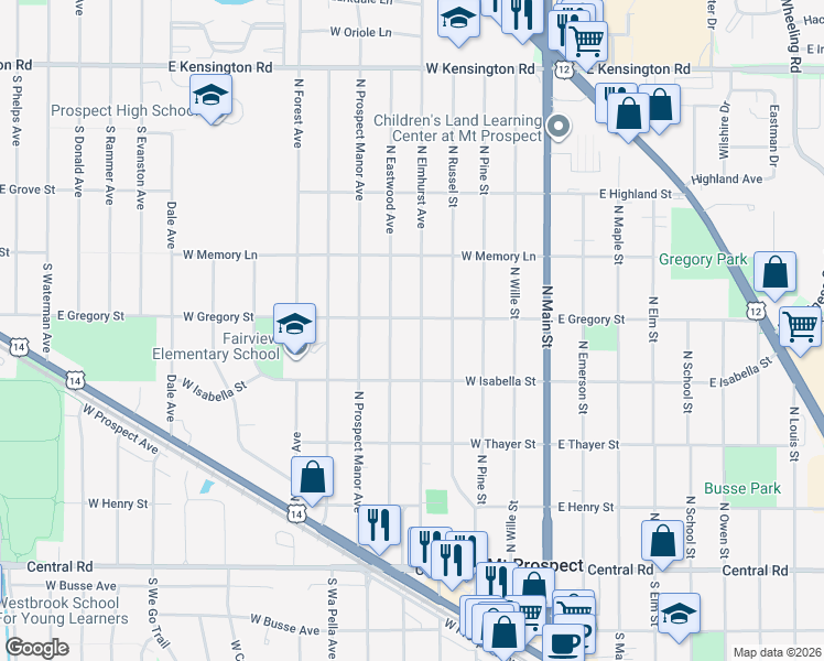 map of restaurants, bars, coffee shops, grocery stores, and more near 320 North Elmhurst Avenue in Mount Prospect