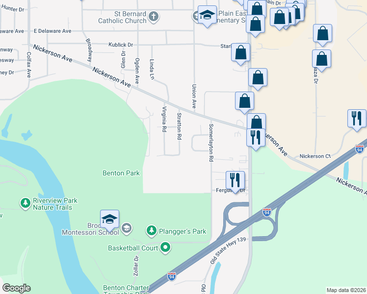 map of restaurants, bars, coffee shops, grocery stores, and more near 667 Manorwood Circle in Benton Harbor