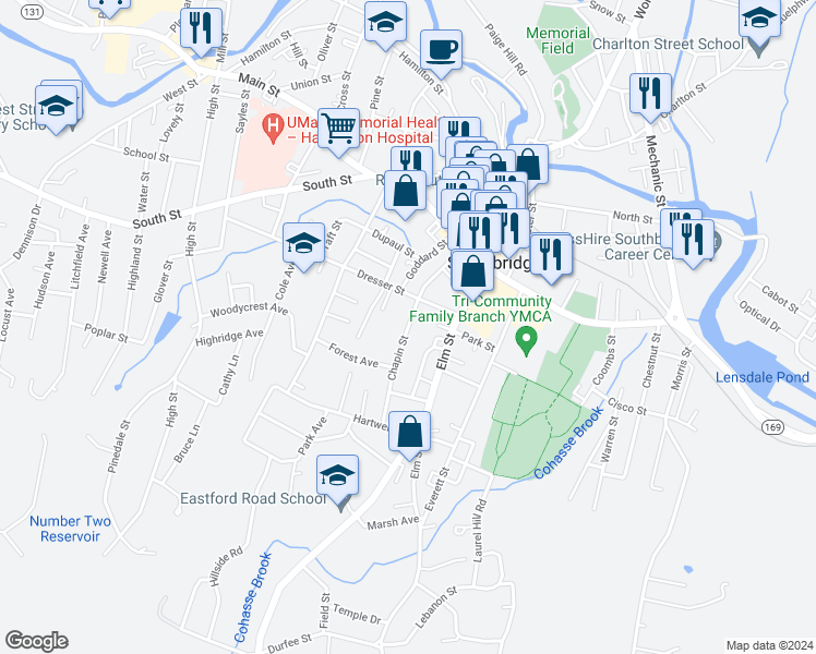 map of restaurants, bars, coffee shops, grocery stores, and more near 81 Chapin Street in Southbridge