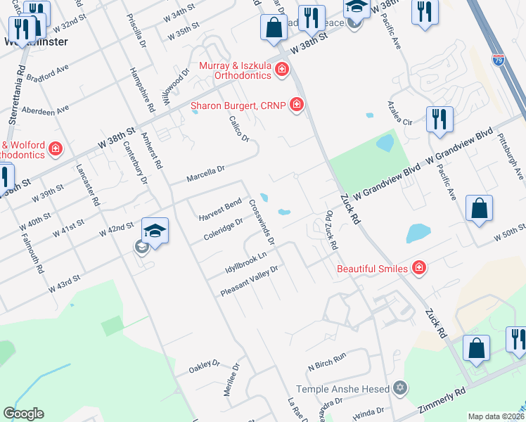 map of restaurants, bars, coffee shops, grocery stores, and more near 4327 Crosswinds Drive in Erie