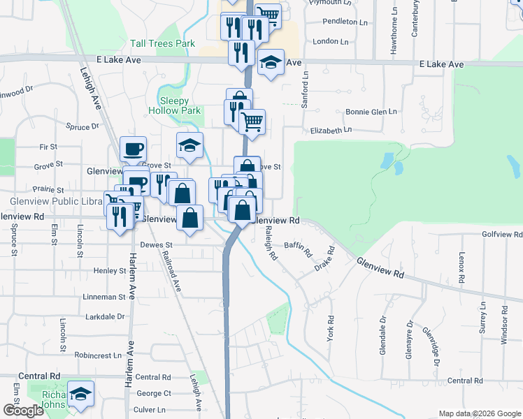 map of restaurants, bars, coffee shops, grocery stores, and more near 1622 Glenview Road in Glenview