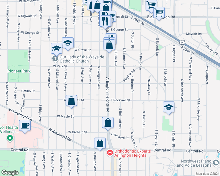 map of restaurants, bars, coffee shops, grocery stores, and more near 611 South Arlington Heights Road in Arlington Heights