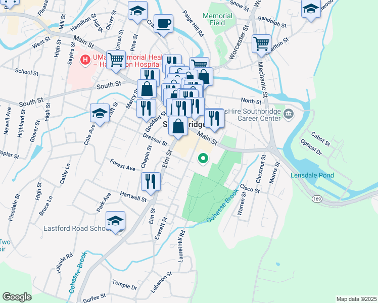 map of restaurants, bars, coffee shops, grocery stores, and more near 32 Everett Street in Southbridge