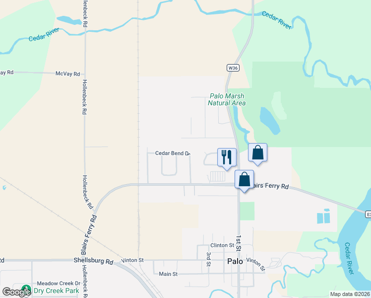 map of restaurants, bars, coffee shops, grocery stores, and more near 1470 Cedar Bend in Palo