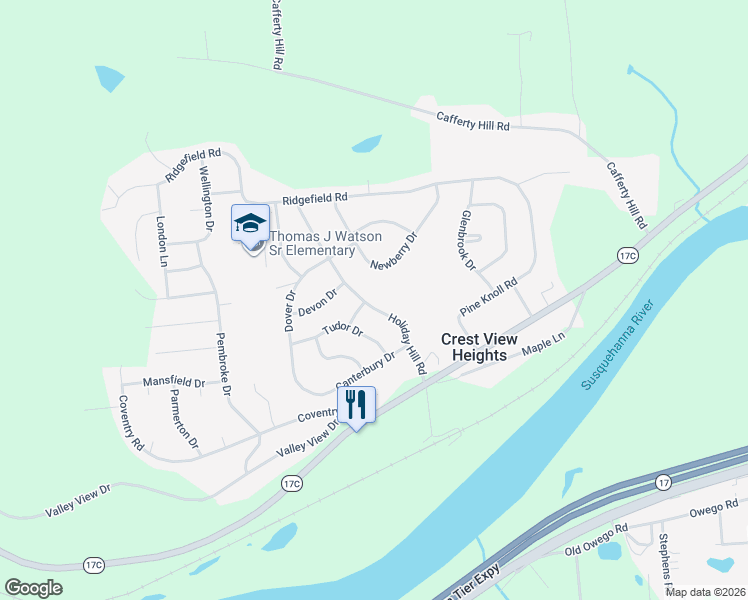 map of restaurants, bars, coffee shops, grocery stores, and more near 24 Holiday Hill Road in Endicott