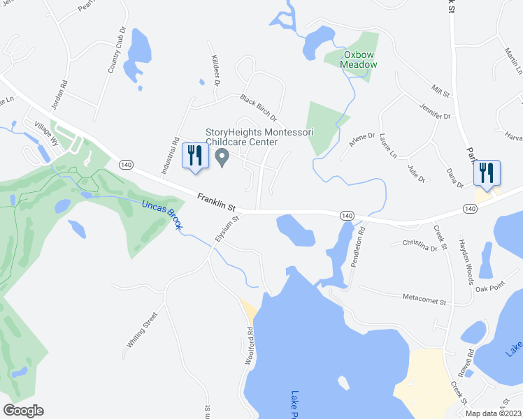 map of restaurants, bars, coffee shops, grocery stores, and more near 820 Franklin Street in Wrentham